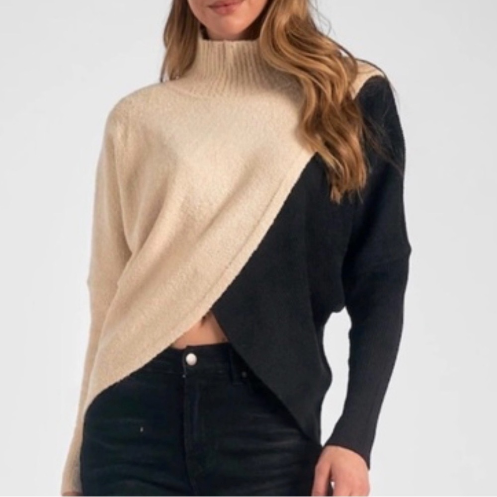 Elan Women’s Mock Turtle Neck Cross Over Colorblock Sweater Black and Cream
